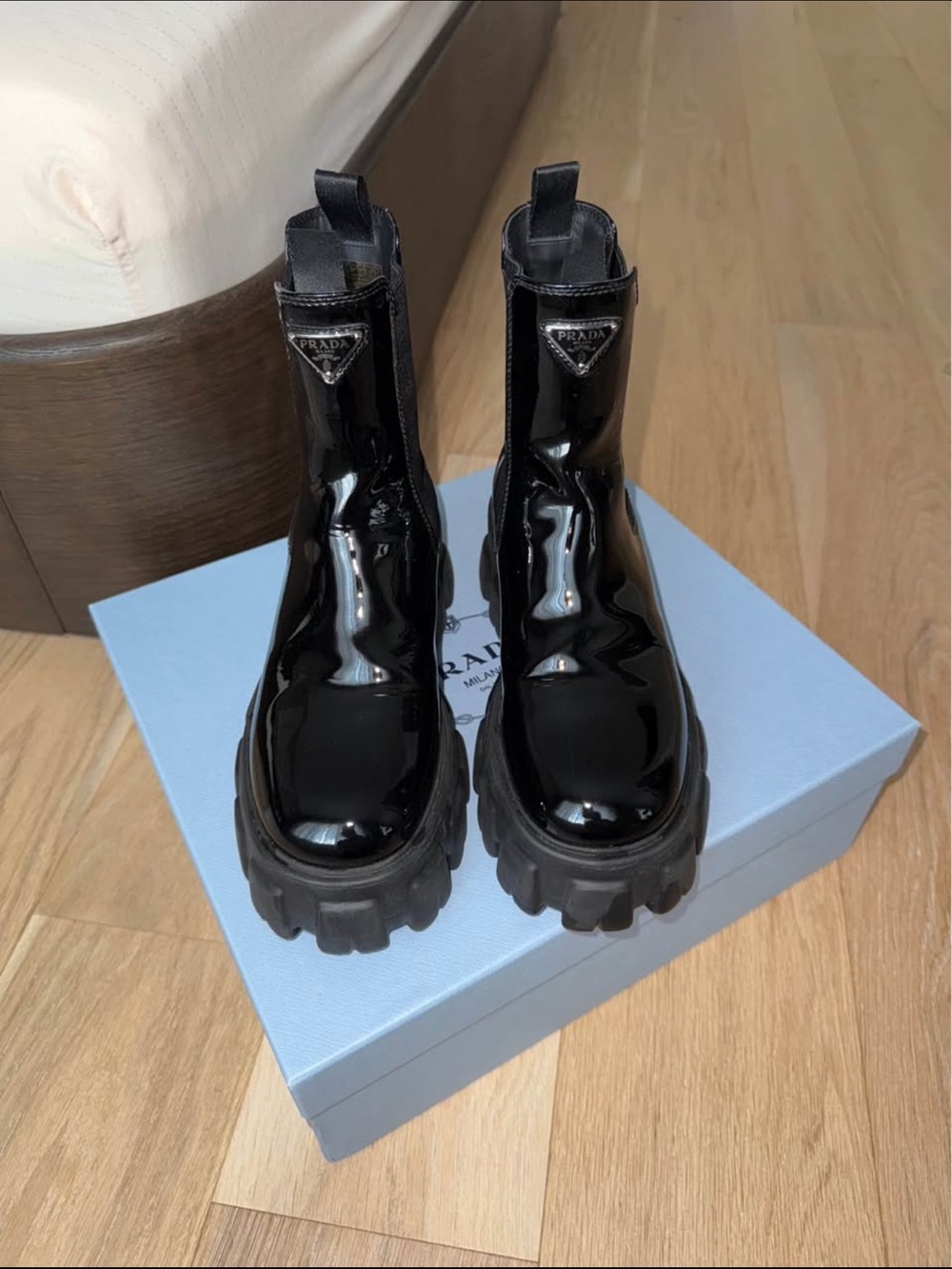 Prada Black Patent Lug-Sole Chelsea Boots - Picture 5 of 10
